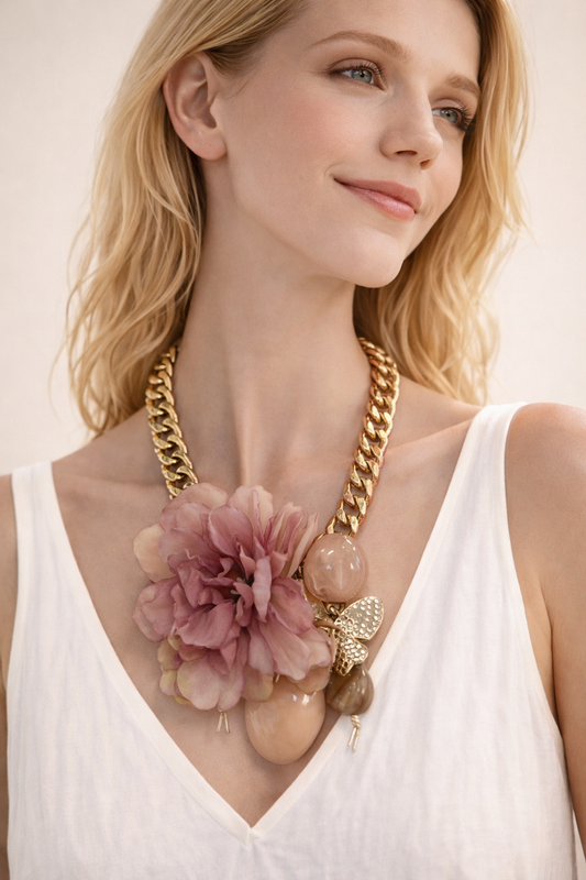 Collana Moda Boho con Fiori e Catena Rosa – Stile Estivo Donna