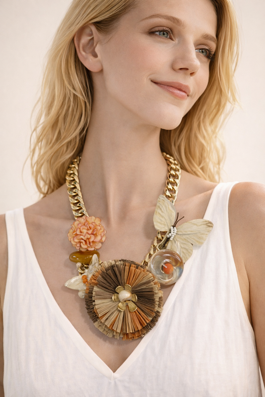 Collana Moda Boho con Fiori e Dettagli Naturali – Catena Dorata Donna
