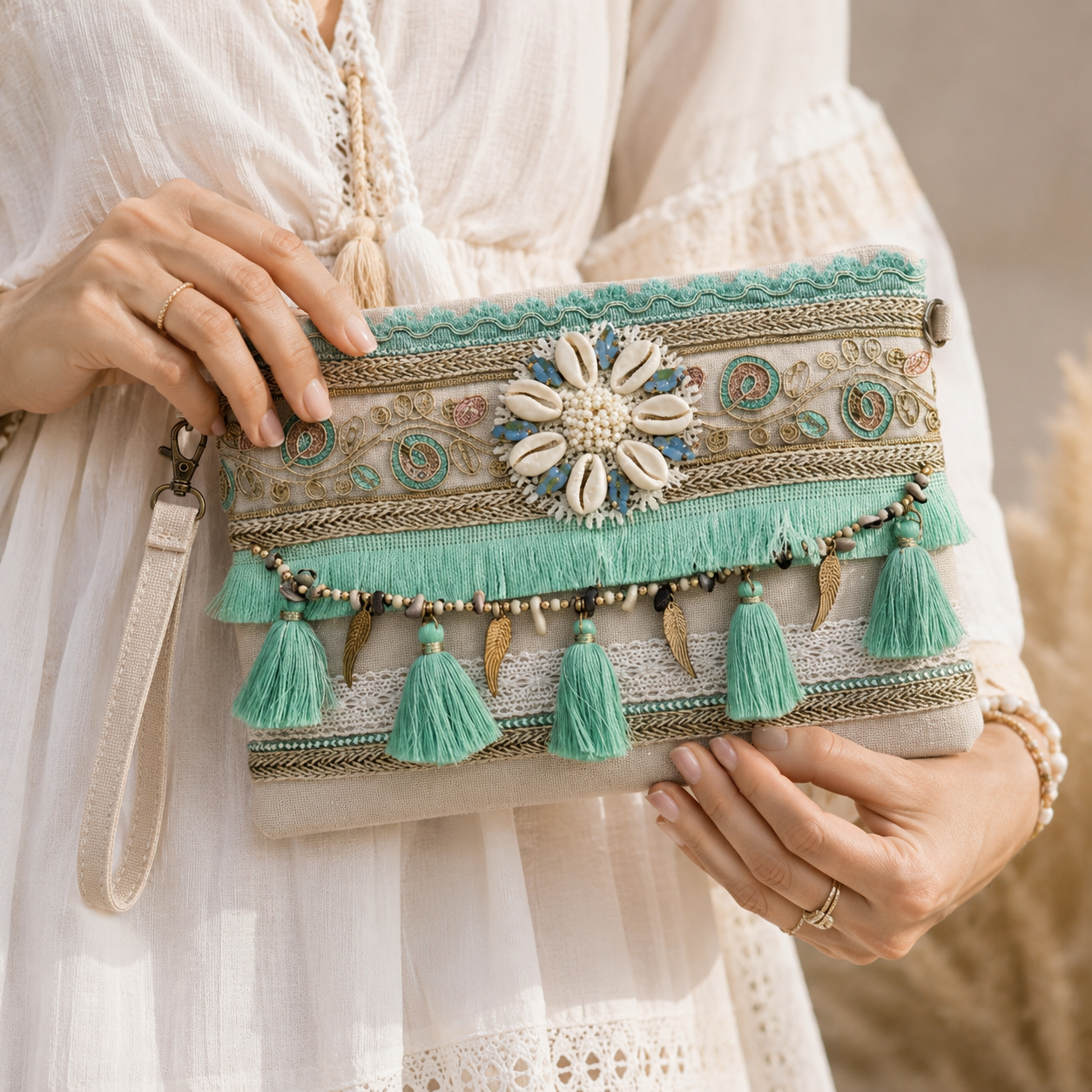 Pochette Boho Chic Verde Acqua con Conchiglie e Nappine – Borsa Estiva Elegante