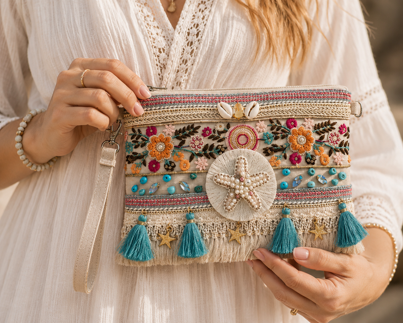 Pochette Boho Mare con Stella Marina – Borsa Estiva Ricamata con Nappine