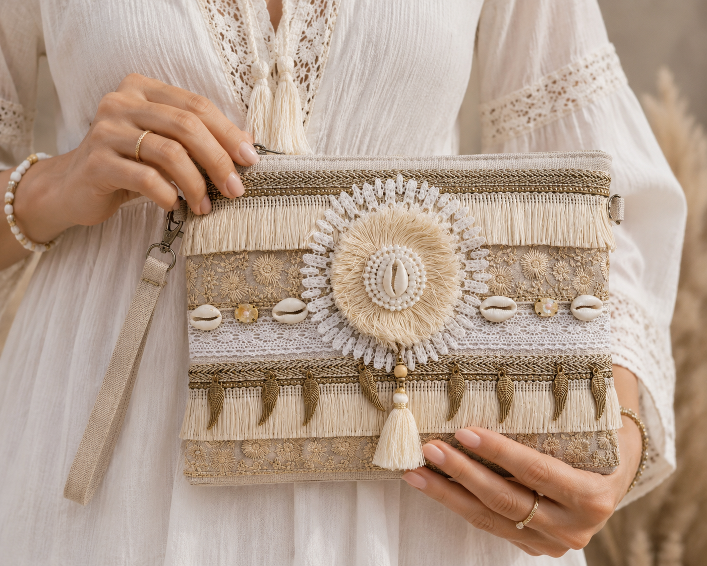 Pochette Boho Chic Beige con Conchiglie – Borsa Elegante Estiva con Nappine