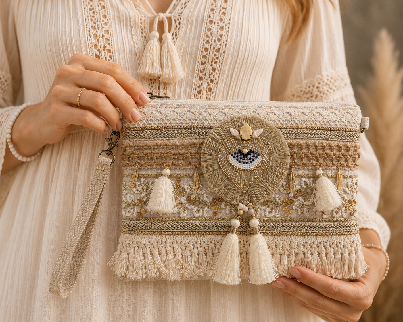 Pochette Boho con Occhio Portafortuna e Frange – Eleganza Naturale