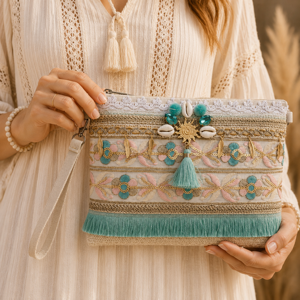 Pochette Boho Ricamata con Frange Verde Acqua – Eleganza Naturale