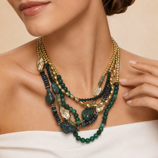 Collana Multistrato con Perline e Pietre Decorative – Stile Boho Chic Ricercato Donna