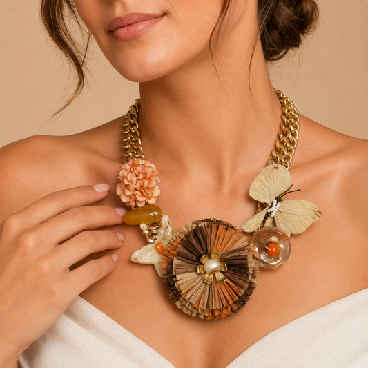 Collana Statement con Catena Dorata, Fiore, Farfalle e Ciondolo in Rafia – Collana Artistica Estiva
