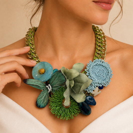 Collana Statement con Catena Dorata Verde, Fiori e Farfalla Decorativa – Collana Boho Chic da Donna