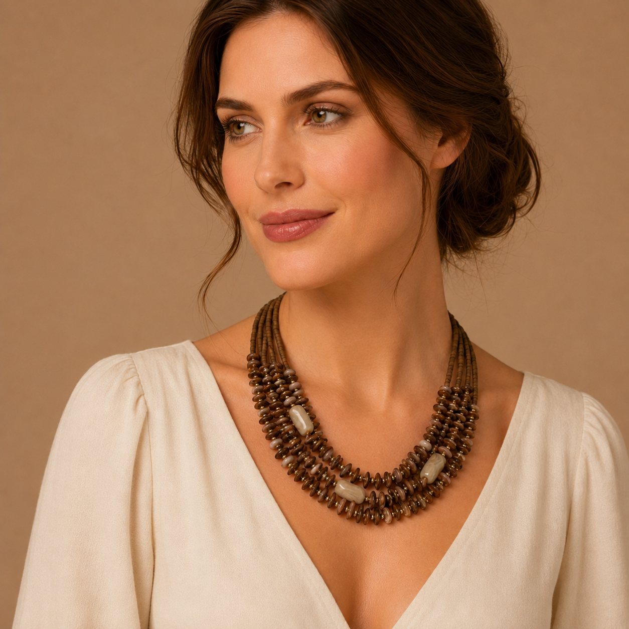 Collana Multistrato Marrone con Perline Effetto Pietra – Collana Statement Boho Donna