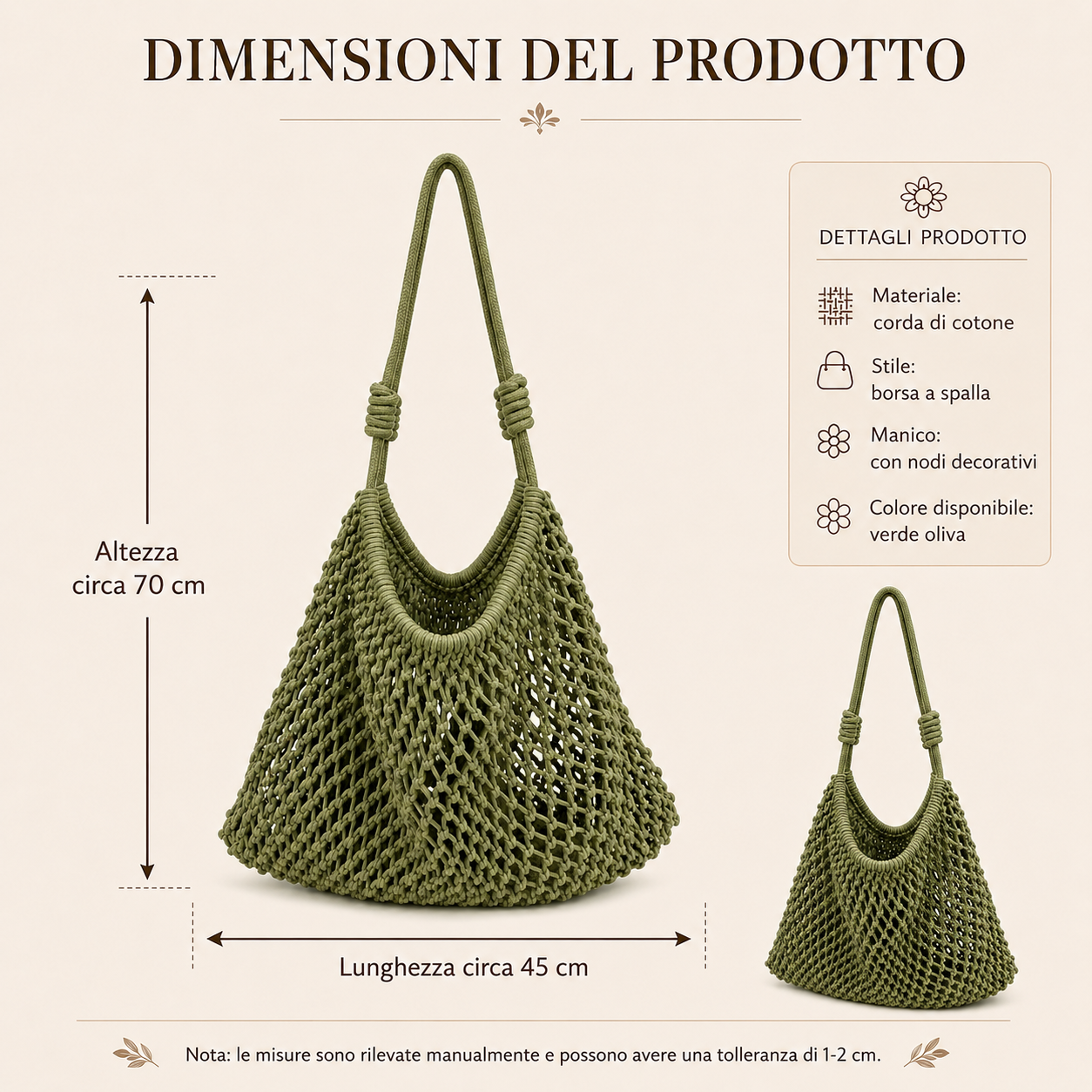 Borsa a Spalla Intrecciata Verde Oliva in Corda di Cotone