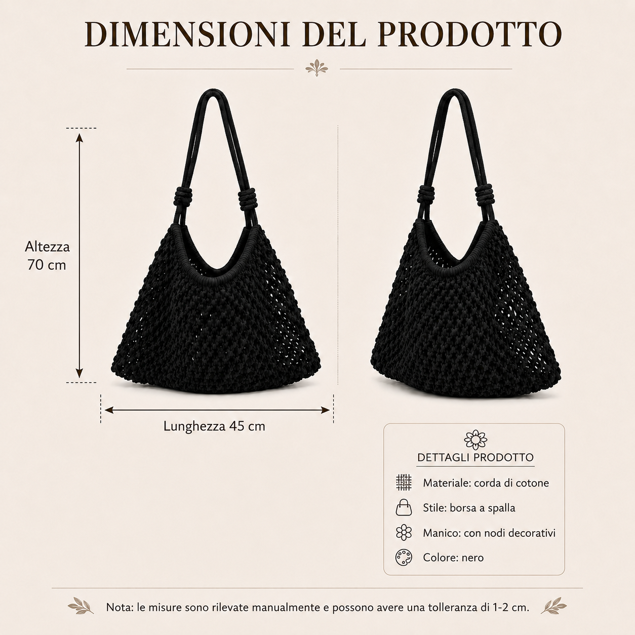 Borsa a Spalla Intrecciata Nera in Corda di Cotone