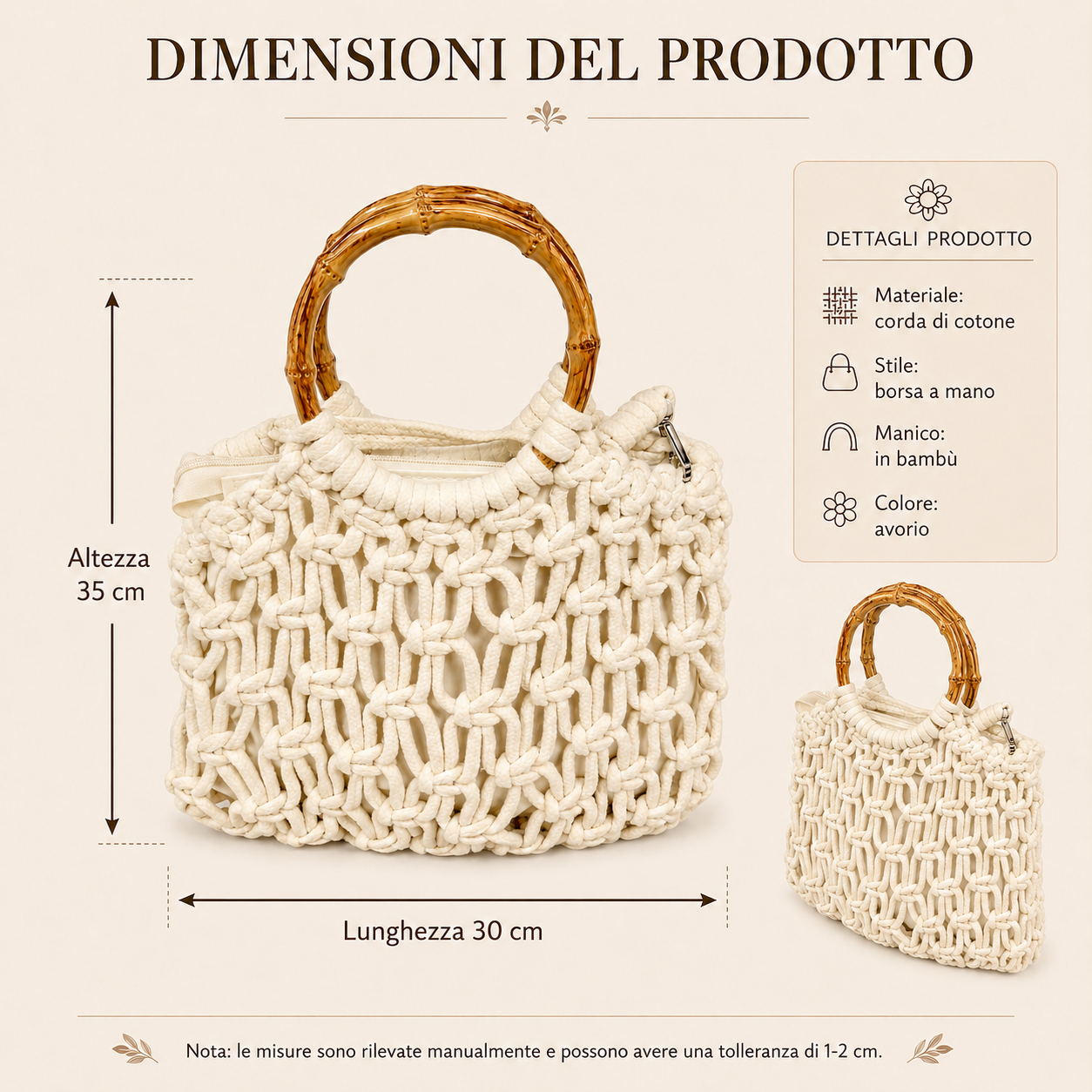 Borsa a Mano Intrecciata Avorio con Manico in Bambù