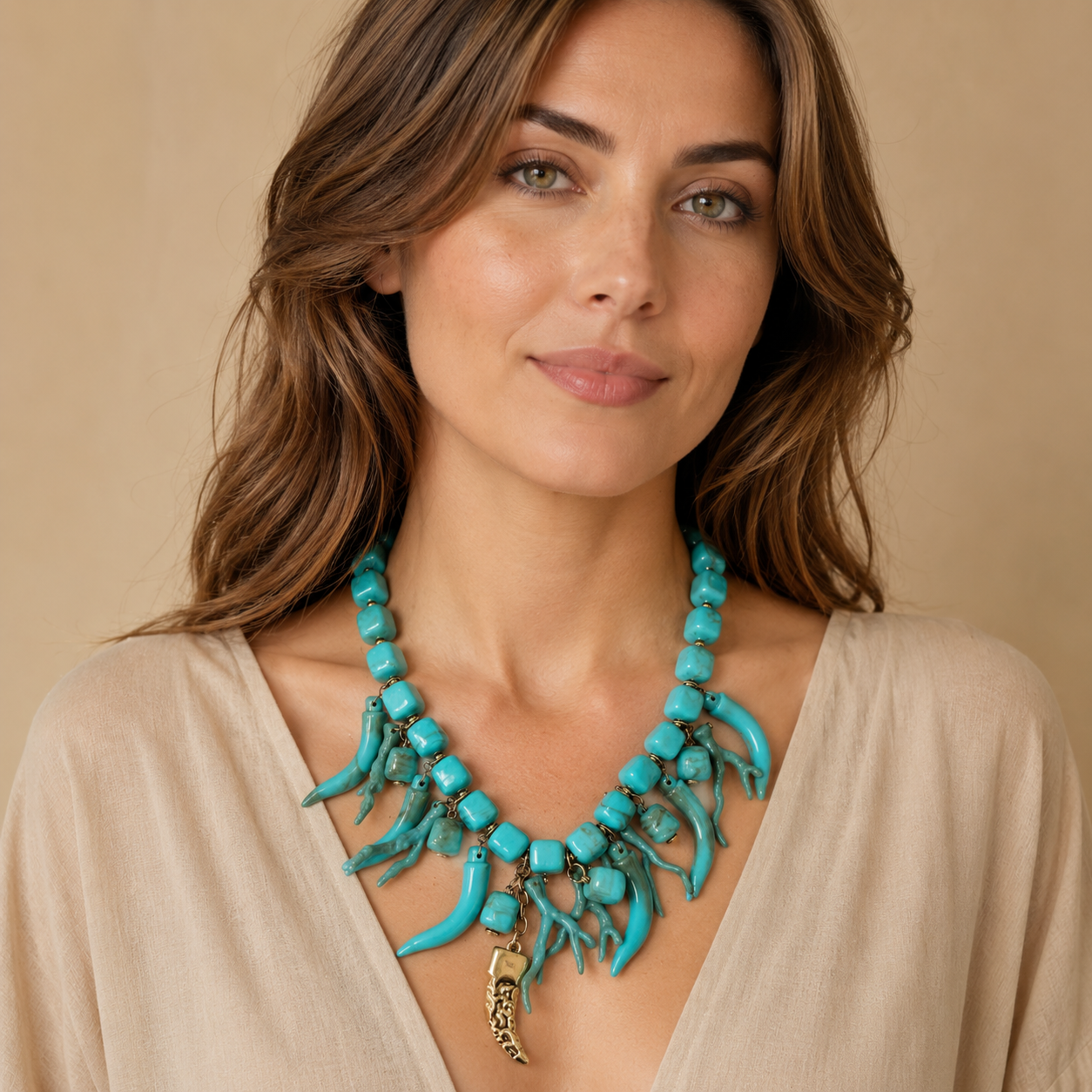 Collana Statement Turchese con Pendenti Corallo e Corno – Collana Donna Stile Mediterraneo