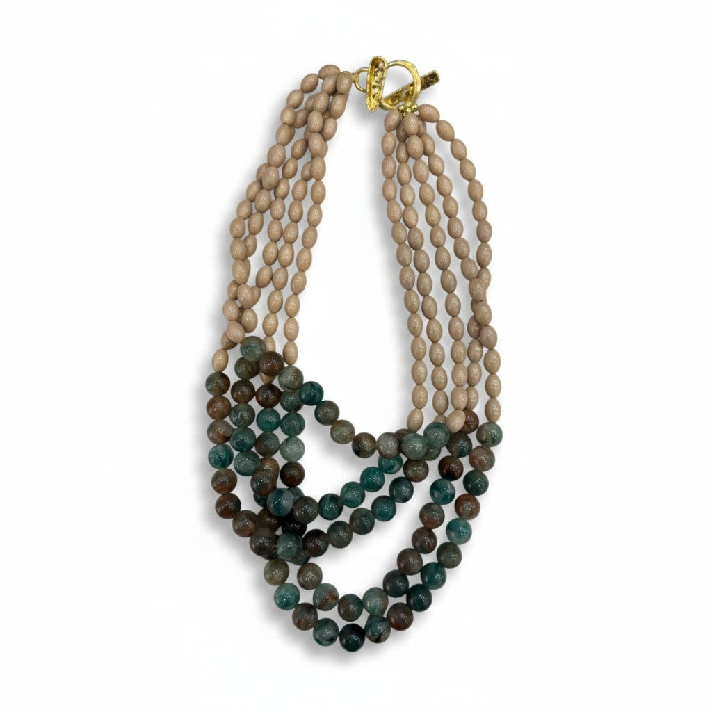 Collana Multistrato con Perline Naturali Beige e Verdi – Stile Elegante Donna
