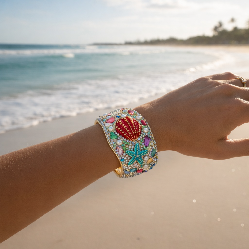 Bracciale Rigido con Conchiglie e Cristalli – Stile Mare Lusso