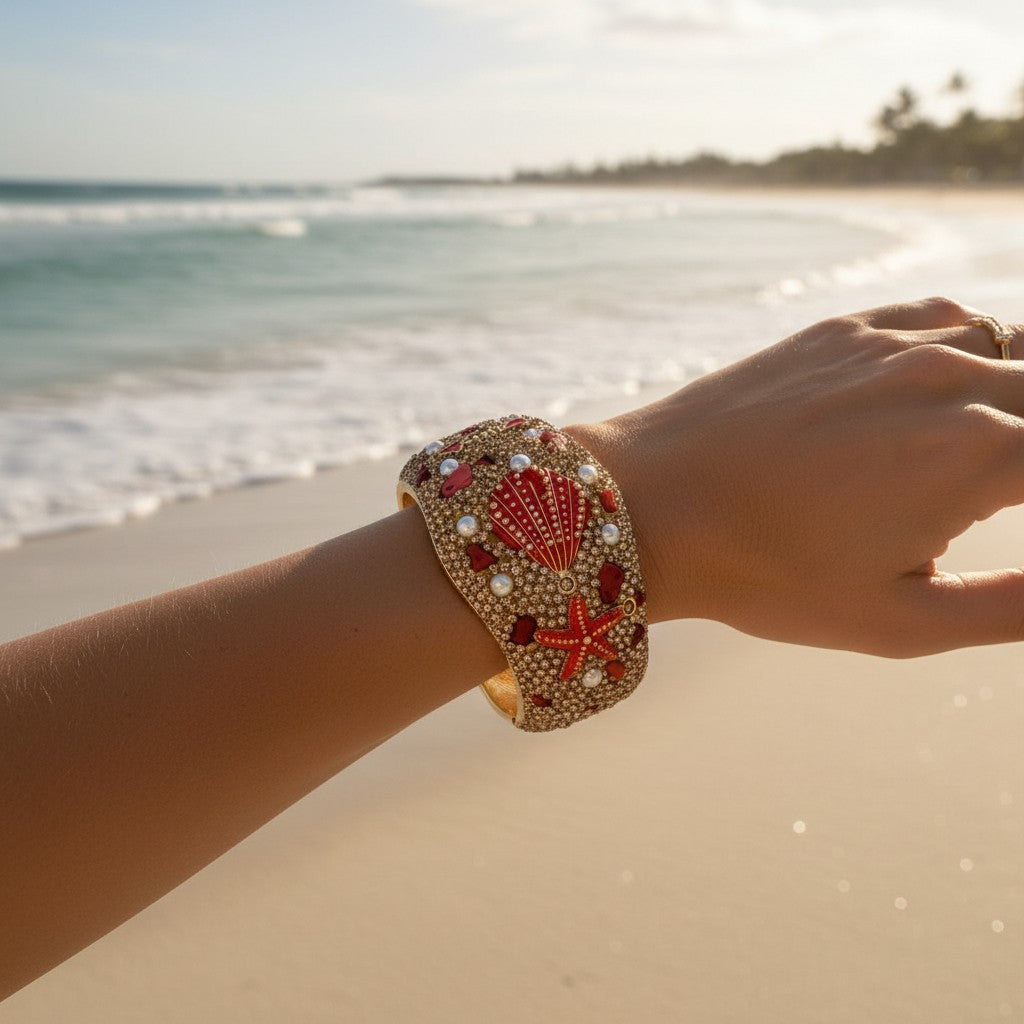 Bracciale Rigido con Conchiglie e Cristalli – Stile Mare Lusso