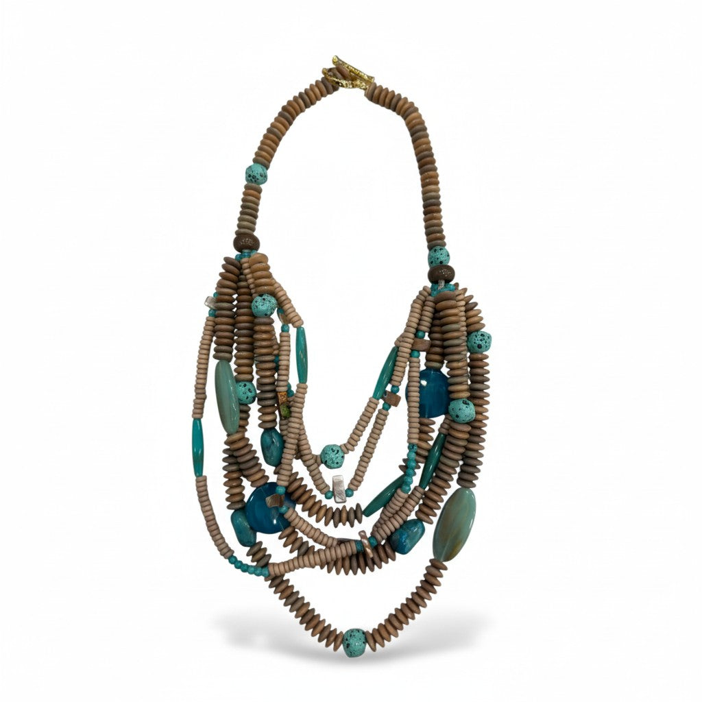 Collana Multistrato Boho con Perline in Legno e Pietre Turchesi