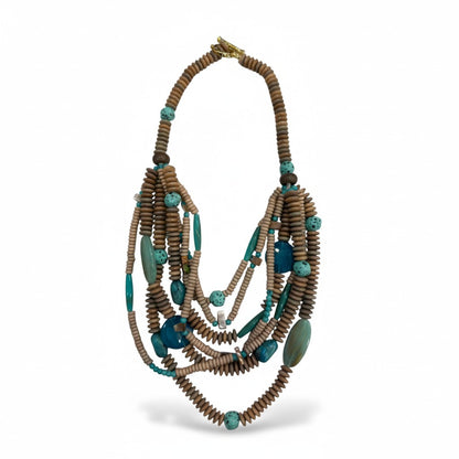 Collana Multistrato Boho con Perline in Legno e Pietre Turchesi