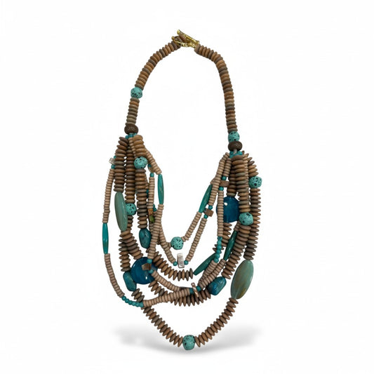 Collana Multistrato Boho con Perline in Legno e Pietre Turchesi