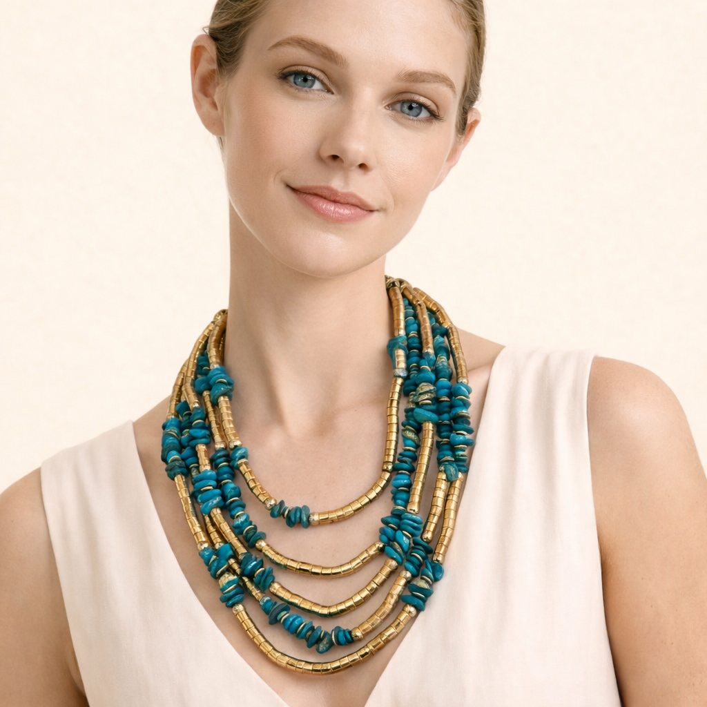 Collana Multistrato con Dettagli Dorati e Pietre Naturali – Stile Boho Elegante