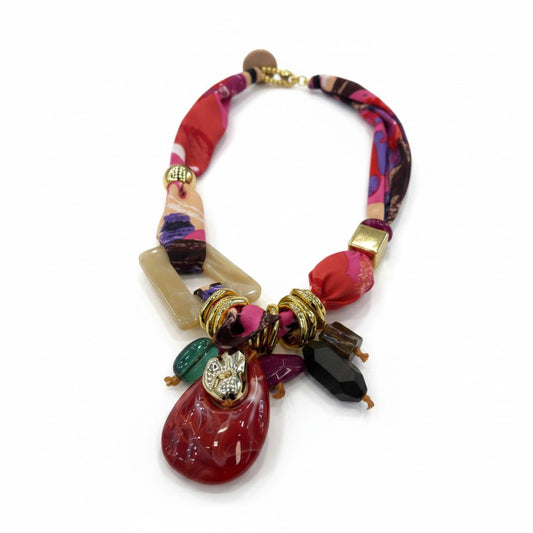 Collana Moda con Fascia in Tessuto e Pendenti Geometrici – Stile Boho Chic Donna