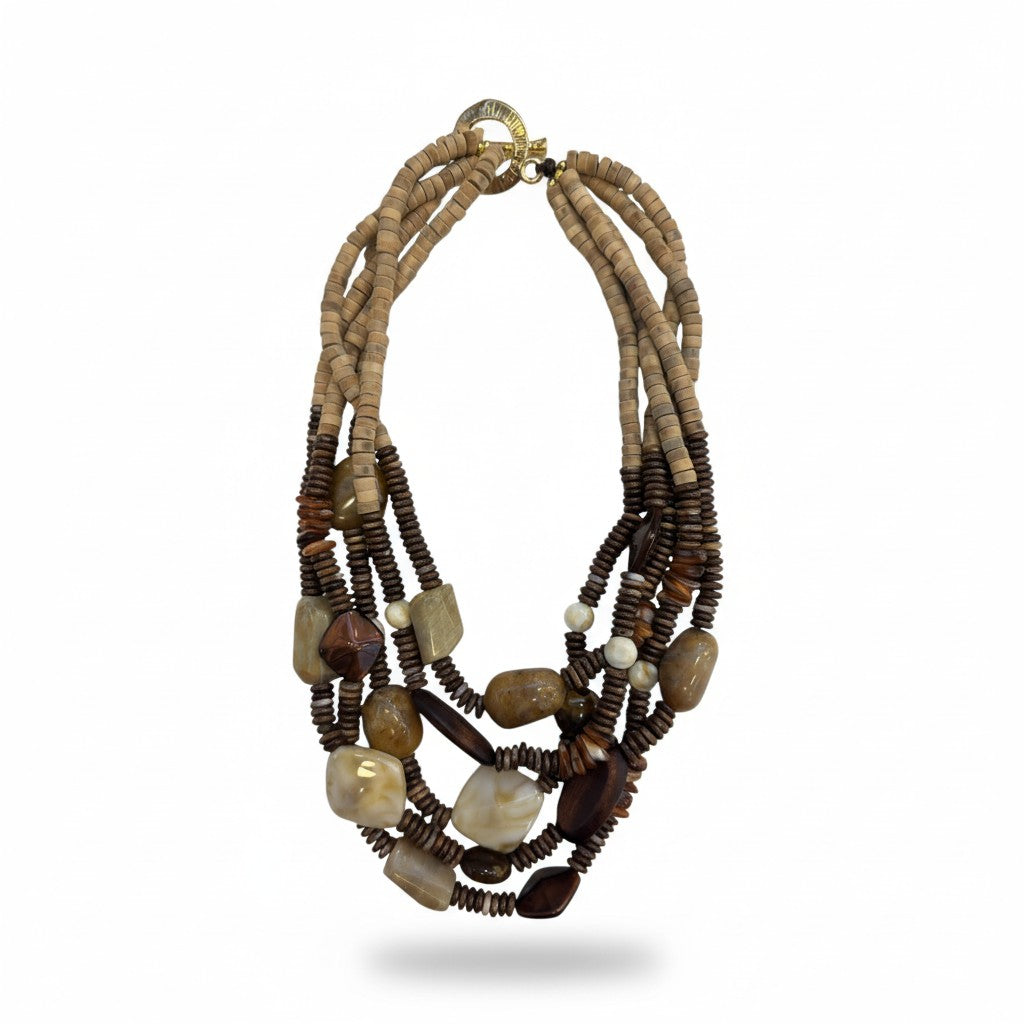 Collana Multistrato Naturale in Legno e Pietre Effetto Marmo