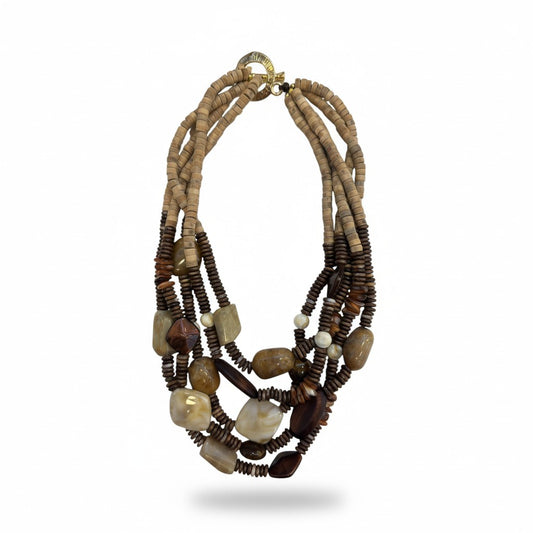 Collana Multistrato Naturale in Legno e Pietre Effetto Marmo