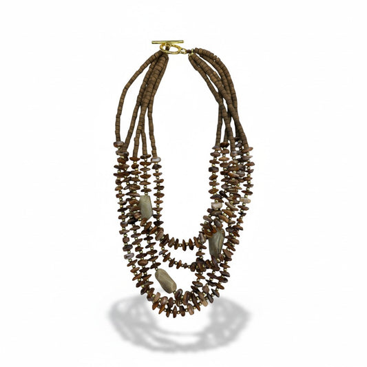 Collana Multistrato Boho in Legno con Pietre Naturali Effetto Terra