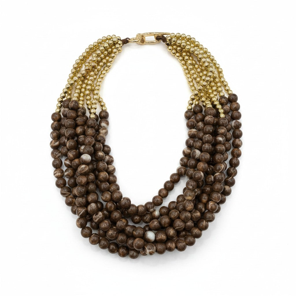 Collana Multistrato con Perline Marroni e Dettagli Oro – Stile Boho Naturale Donna
