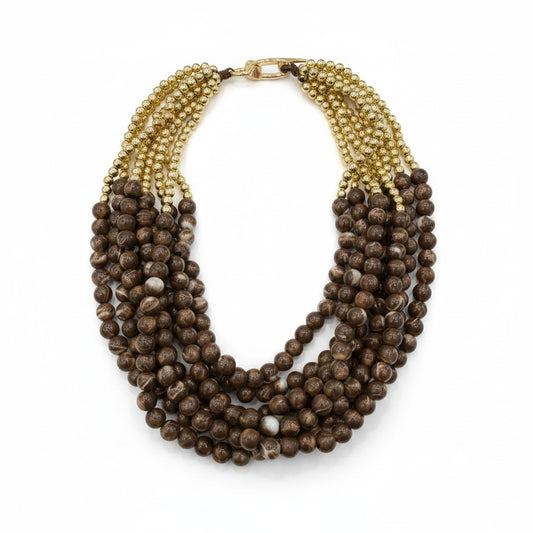 Collana Multistrato con Perline Marroni e Dettagli Oro – Stile Boho Naturale Donna