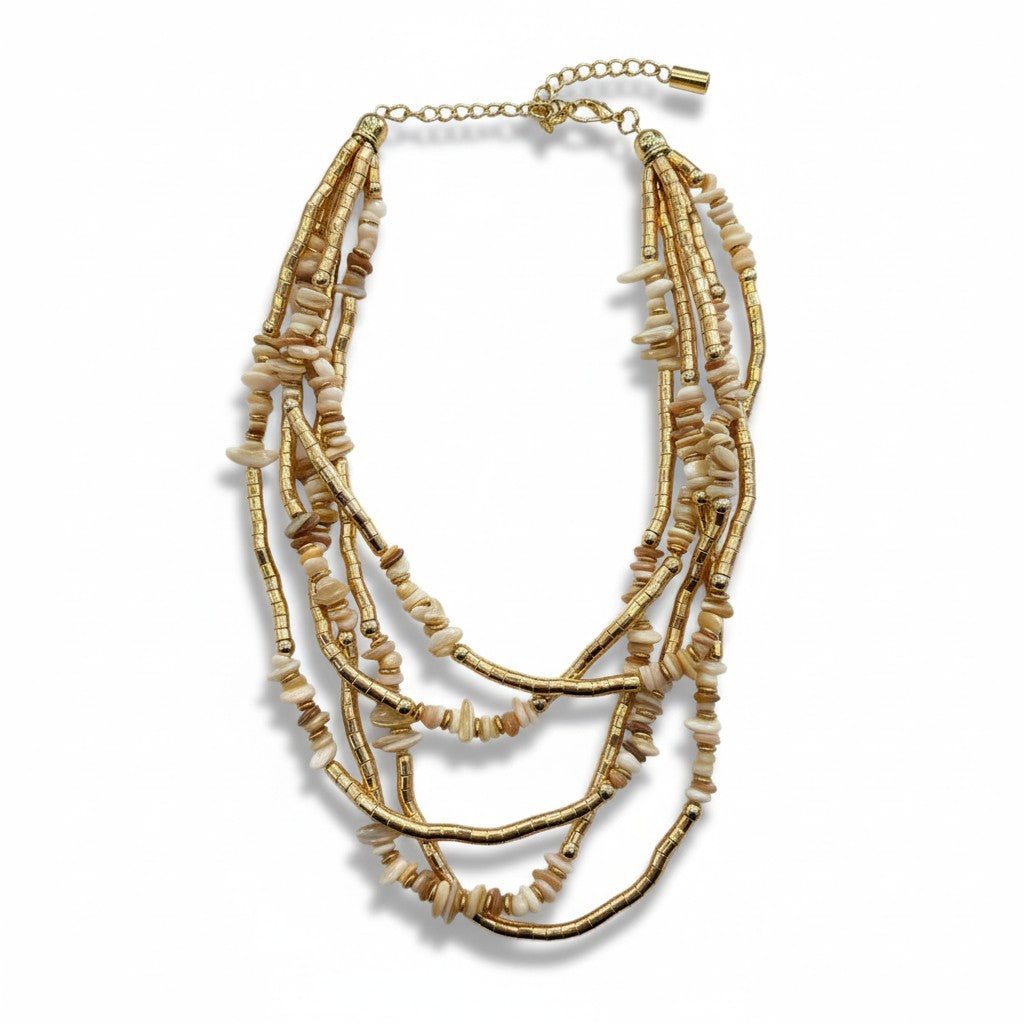 Collana Multistrato con Dettagli Dorati e Pietre Naturali – Stile Boho Elegante