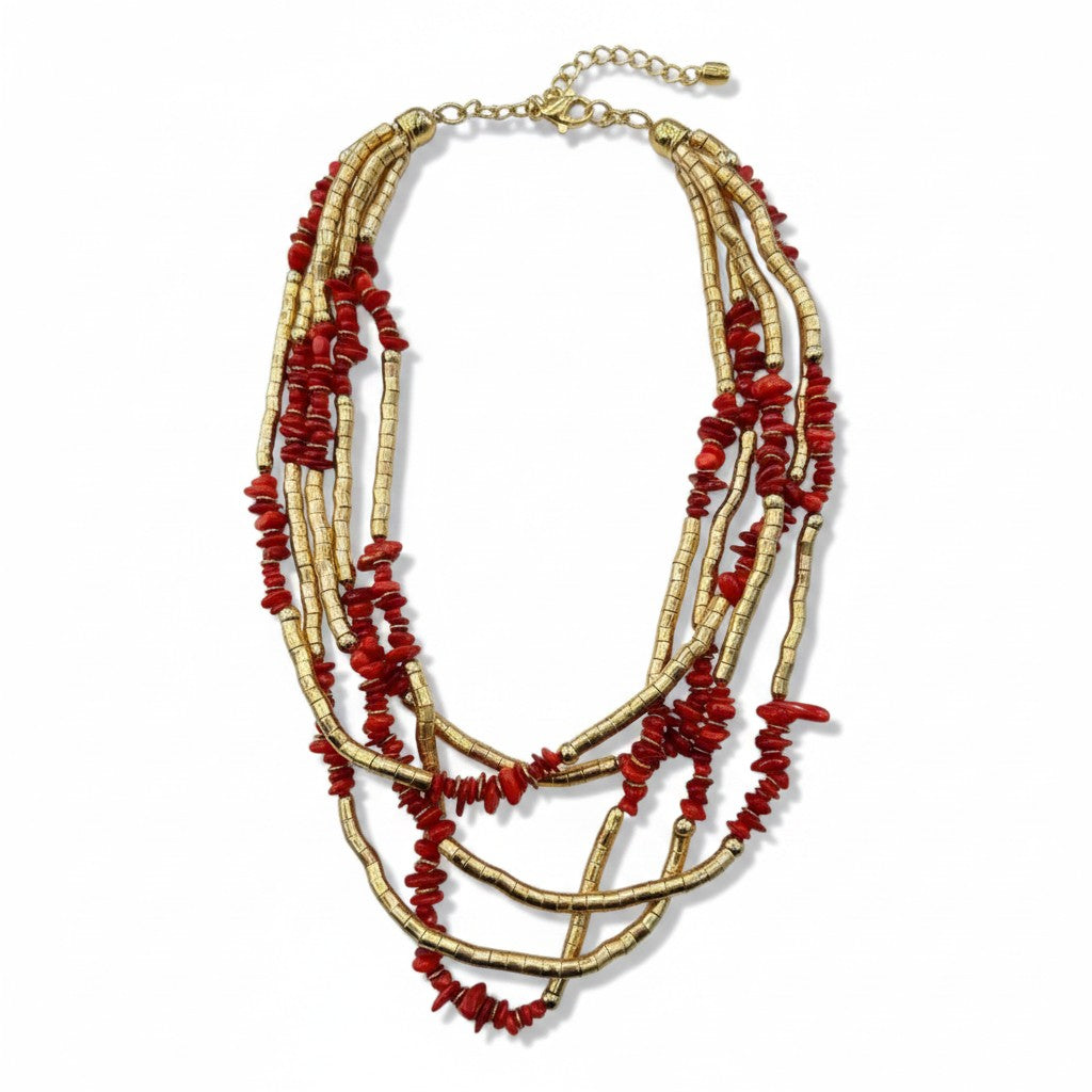 Collana Multistrato con Dettagli Dorati e Pietre Naturali – Stile Boho Elegante