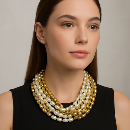 Collana Barocca Intrecciata – Perle & Oro a Più Fili