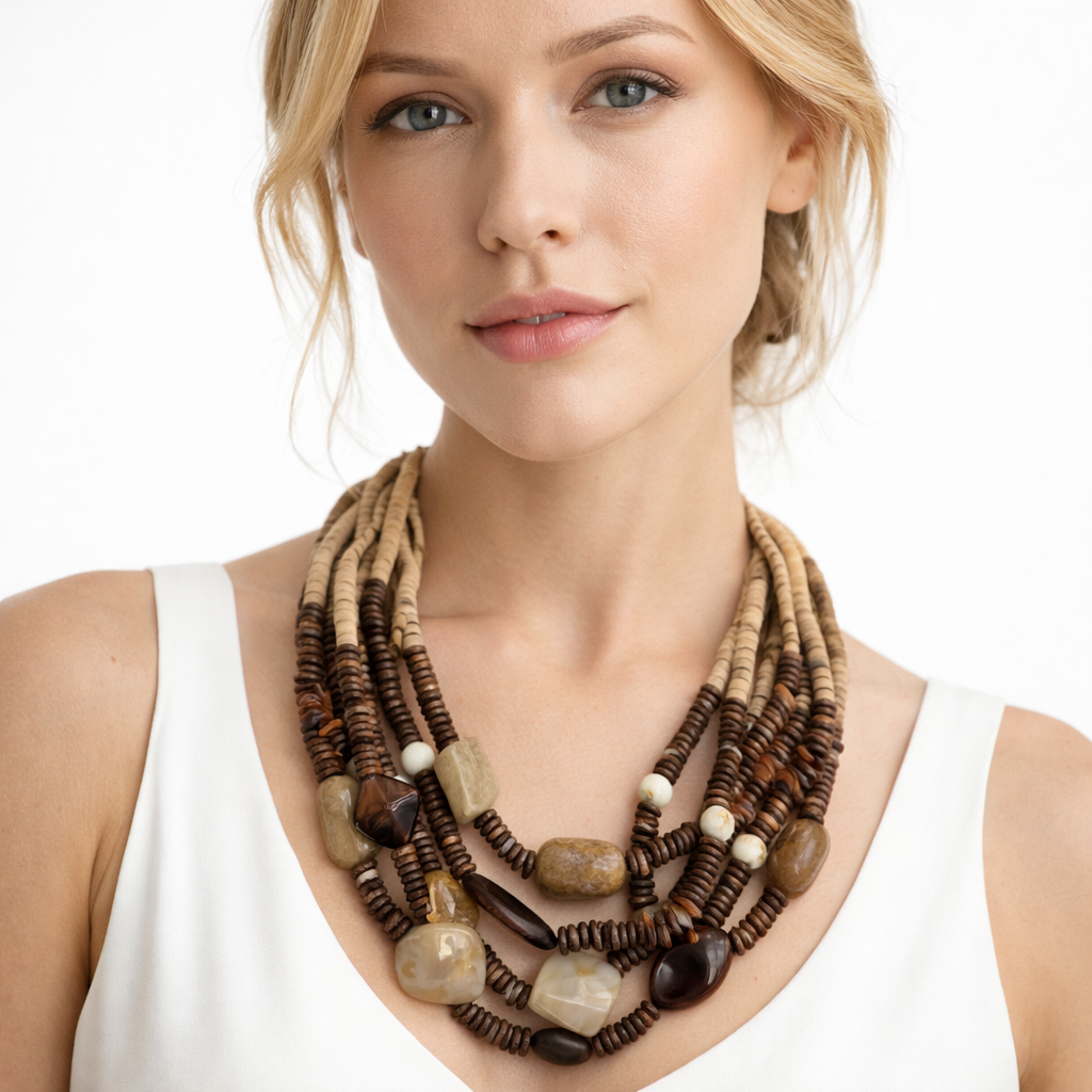 Collana Multistrato Naturale in Legno e Pietre Effetto Marmo