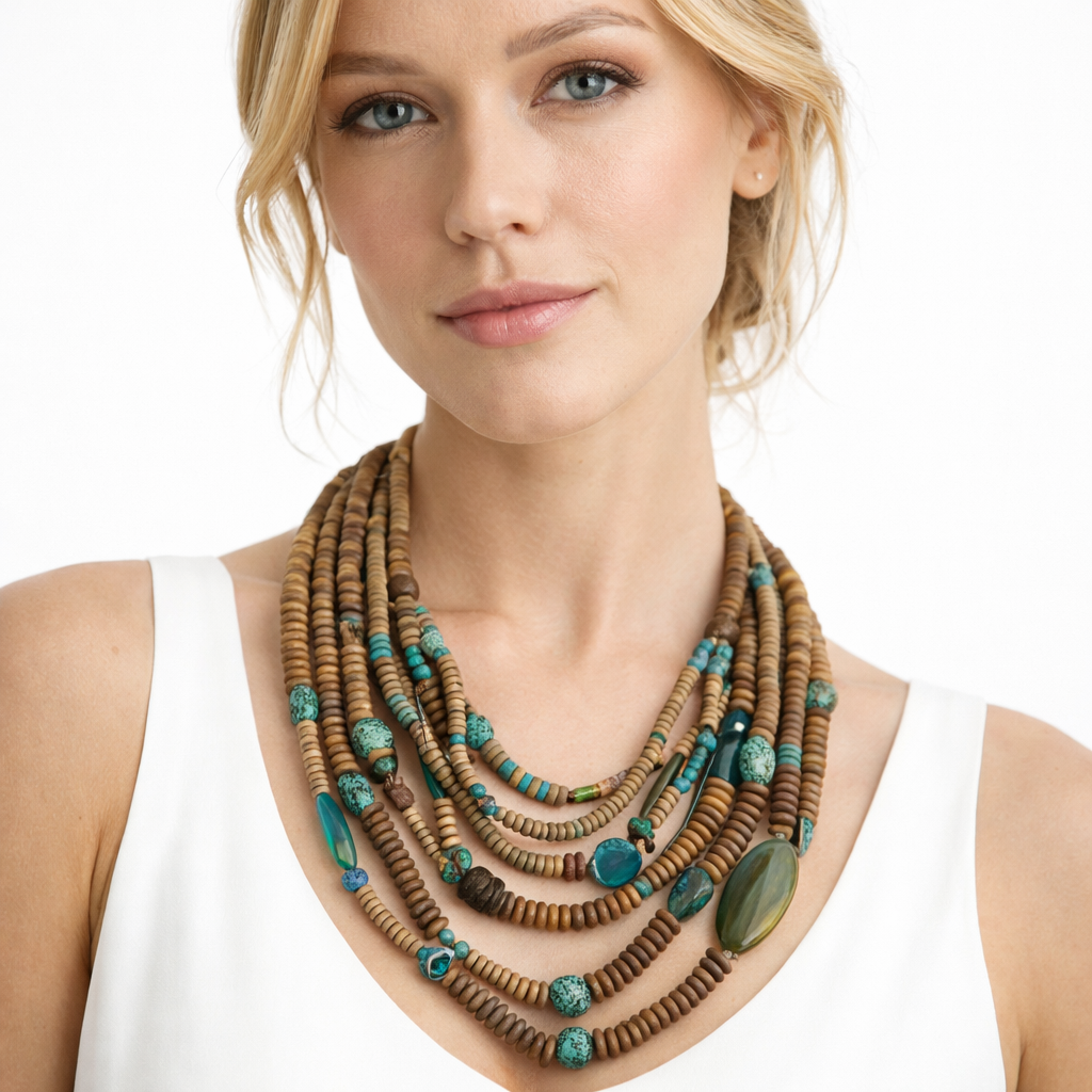 Collana Multistrato Boho con Perline in Legno e Pietre Turchesi