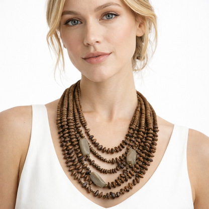 Collana Multistrato Boho in Legno con Pietre Naturali Effetto Terra