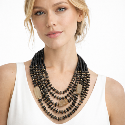 Collana Multistrato Boho in Legno con Pietre Naturali Effetto Terra