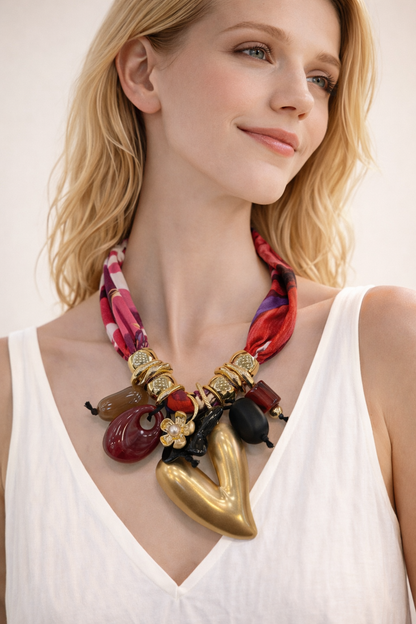 Collana Moda con Fascia in Tessuto e Ciondoli – Stile Boho Chic Donna