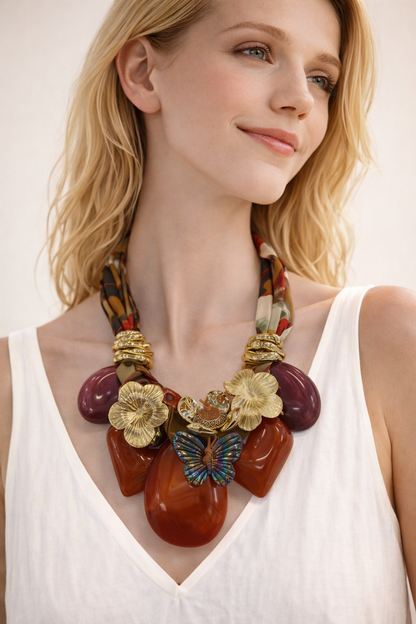 Collana Moda con Fascia in Tessuto e Maxi Ciondoli – Stile Boho Elegante Donna