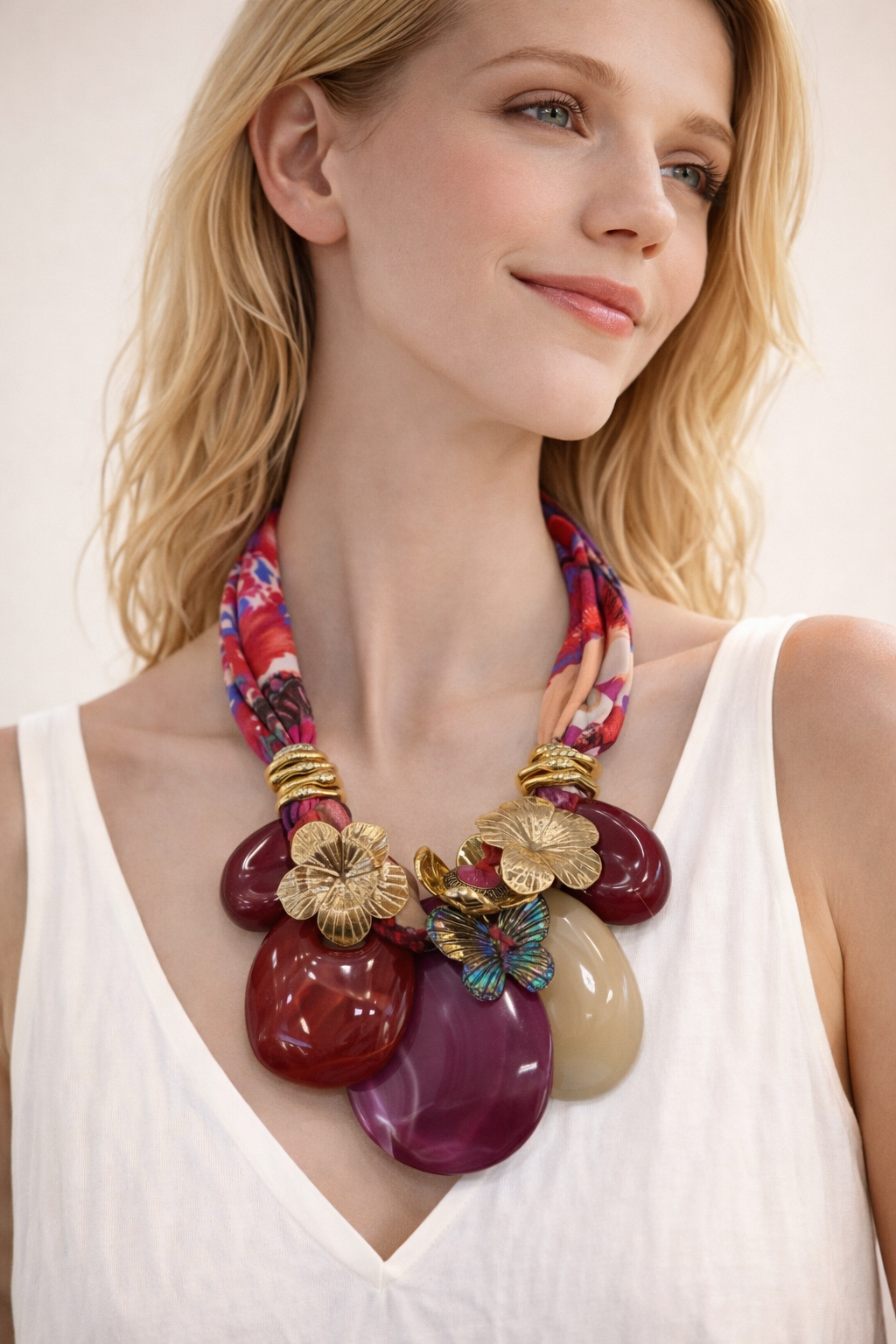 Collana Moda con Fascia in Tessuto e Maxi Ciondoli – Stile Boho Elegante Donna
