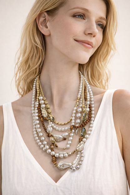 Collana Multistrato con Perle e Dettagli Oro – Stile Elegante e Raffinato Donna