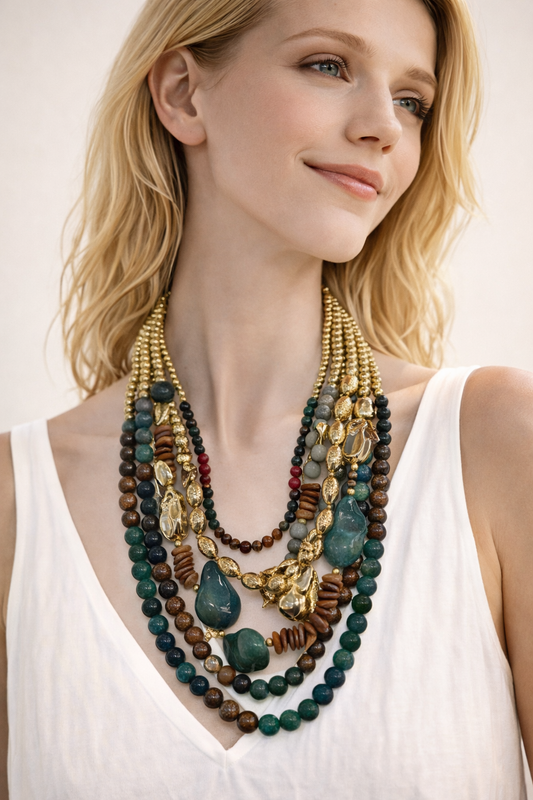 Collana Multistrato con Perline e Elementi Decorativi – Stile Boho Chic Ricercato Donna