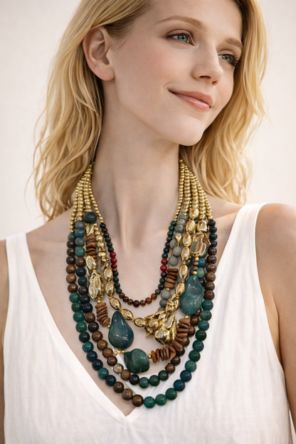 Collana Multistrato con Perline e Pietre Decorative – Stile Boho Chic Ricercato Donna