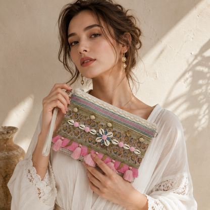 Pochette Boho Chic Ricamata con Nappine e Conchiglie – Borsa Estiva Donna