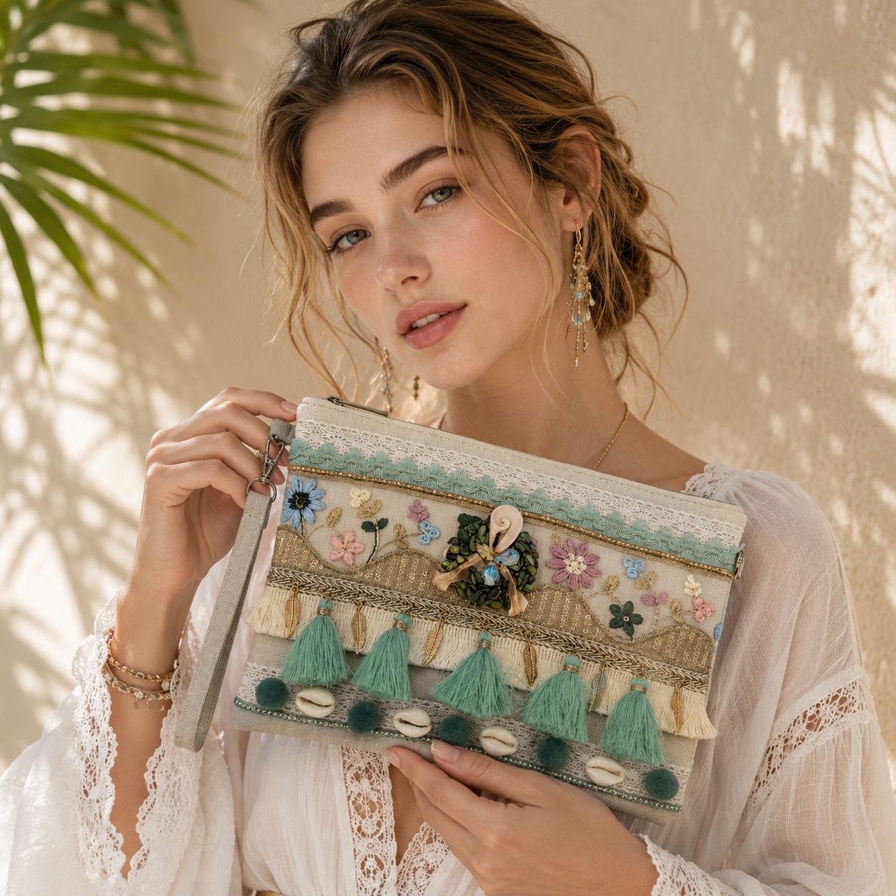 Pochette Boho Chic Verde con Nappine – Borsa Estiva con Conchiglie e Ricami