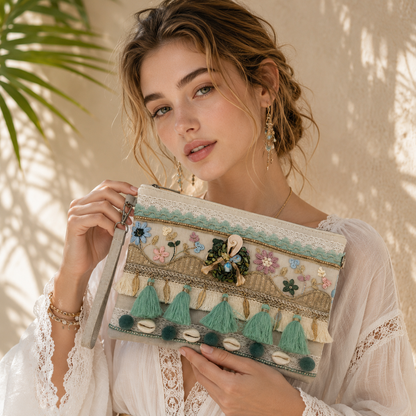 Pochette Boho Chic Verde con Nappine – Borsa Estiva con Conchiglie e Ricami