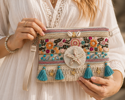Pochette Boho Mare con Stella Marina – Borsa Estiva Ricamata con Nappine