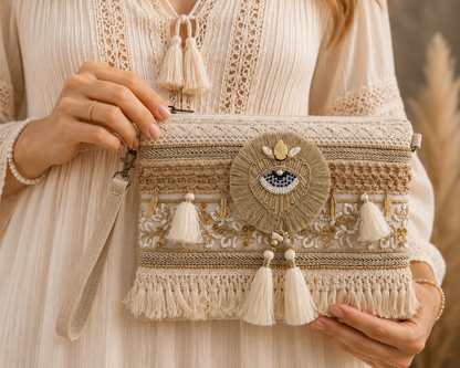 Pochette Boho con Occhio Portafortuna e Frange – Eleganza Naturale