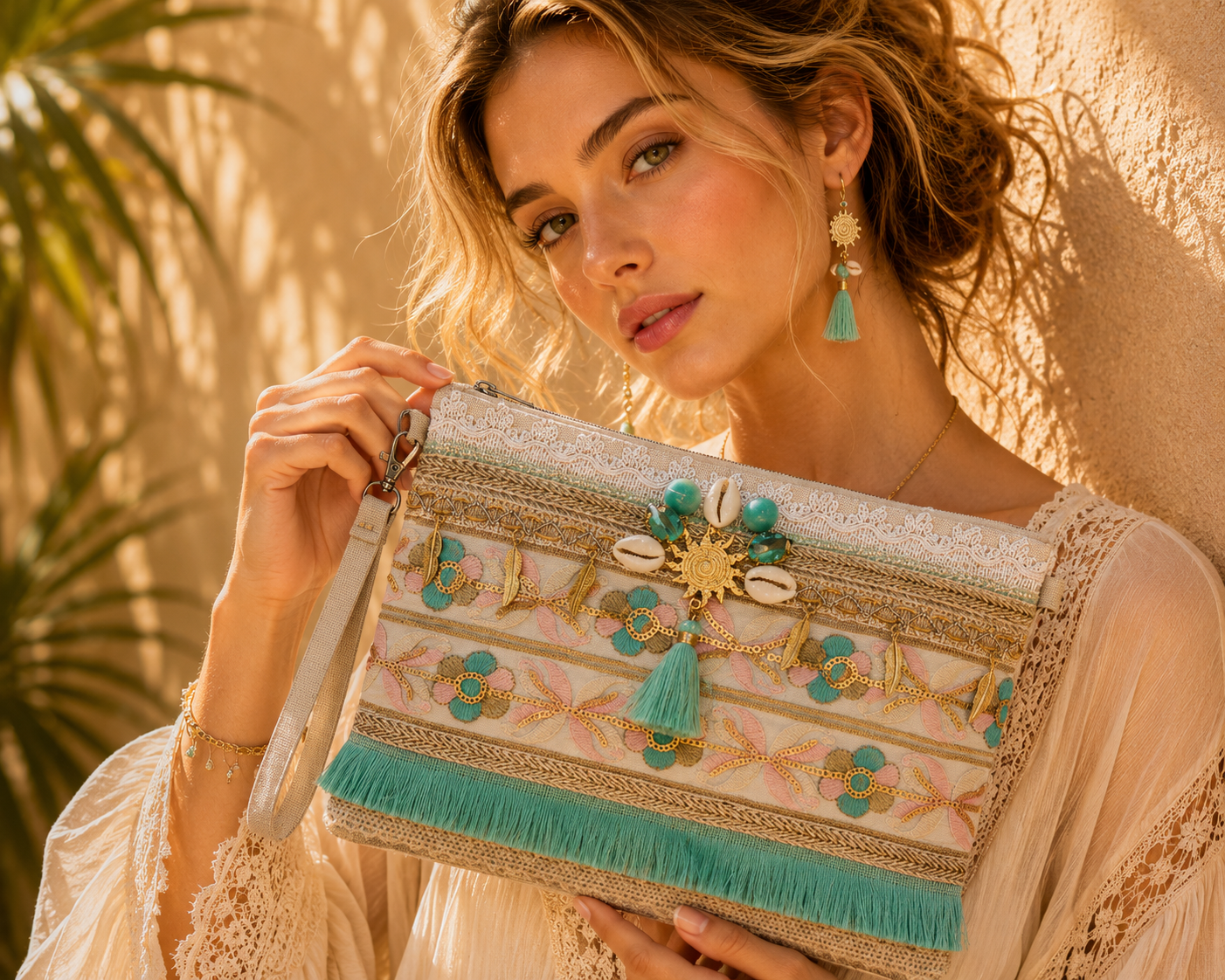 Pochette Boho Ricamata con Frange Verde Acqua – Eleganza Naturale