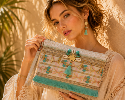 Pochette Boho Ricamata con Frange Verde Acqua – Eleganza Naturale