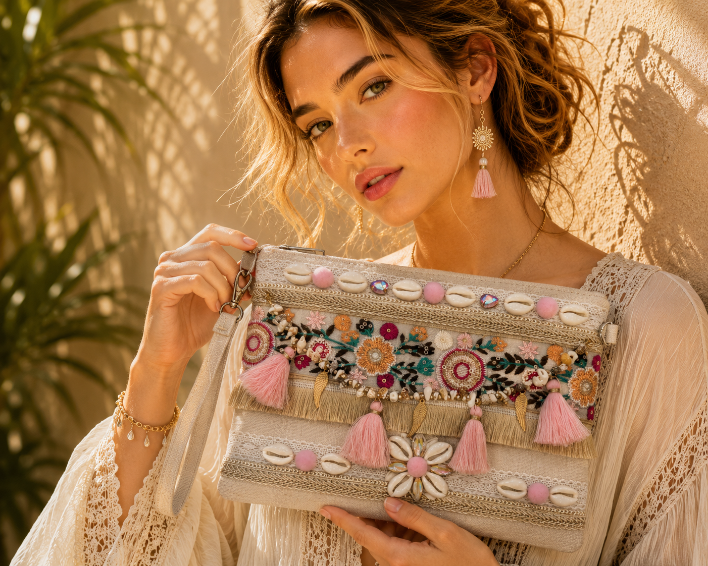 Pochette Boho Ricamata con Frange Rosa – Dettagli Chic