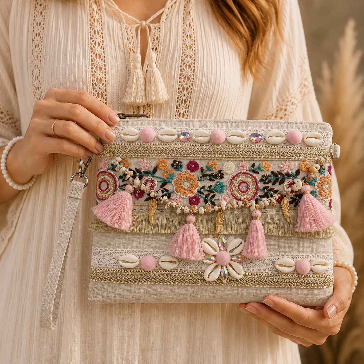 Pochette Boho Ricamata con Frange Rosa – Dettagli Chic